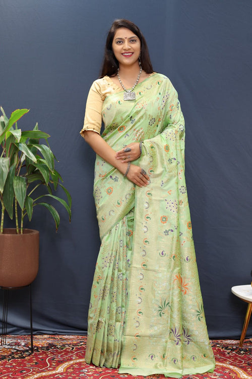 Load image into Gallery viewer, Woebegone Pista Soft Banarasi Silk Saree With Magnetic Blouse Piece
