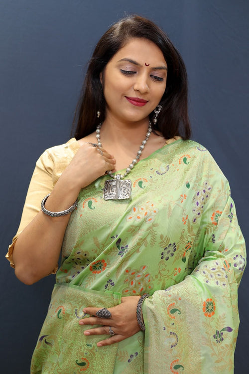 Load image into Gallery viewer, Woebegone Pista Soft Banarasi Silk Saree With Magnetic Blouse Piece
