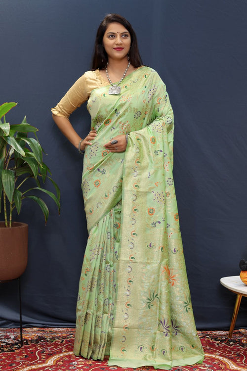 Load image into Gallery viewer, Woebegone Pista Soft Banarasi Silk Saree With Magnetic Blouse Piece
