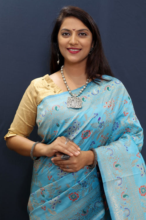 Load image into Gallery viewer, Symmetrical Sky Soft Banarasi Silk Saree With Fragrant Blouse Piece
