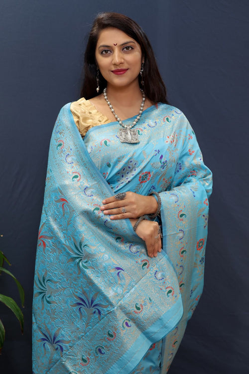 Load image into Gallery viewer, Symmetrical Sky Soft Banarasi Silk Saree With Fragrant Blouse Piece
