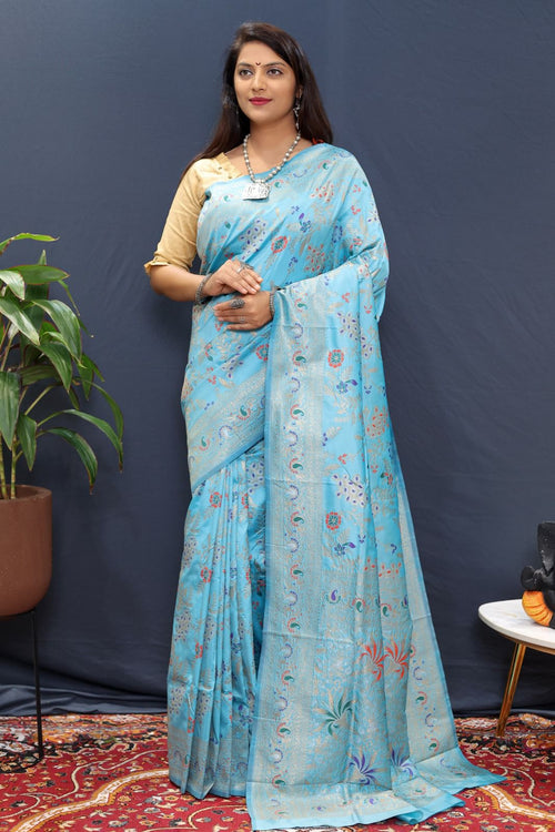 Load image into Gallery viewer, Symmetrical Sky Soft Banarasi Silk Saree With Fragrant Blouse Piece
