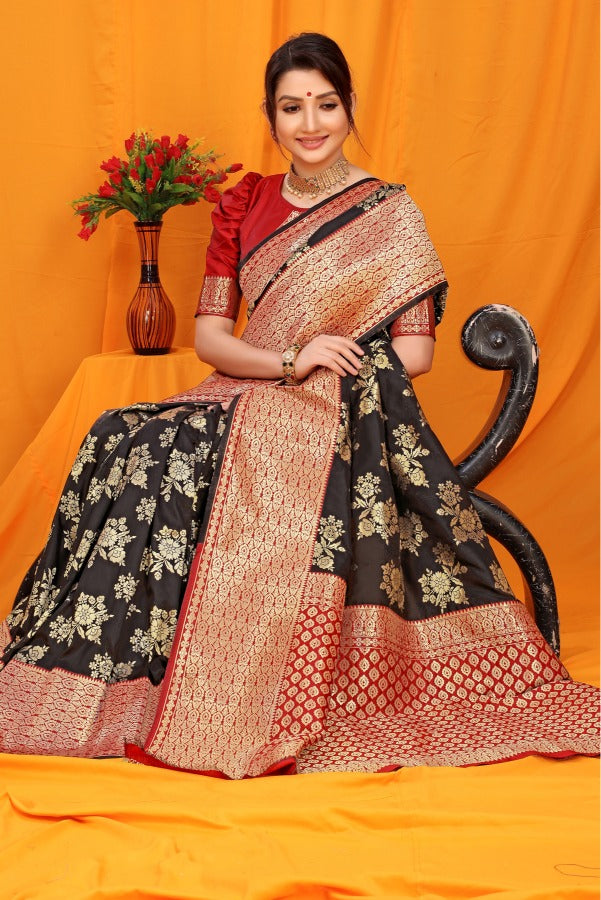 Fragrant Black Kanjivaram Silk With Alluring Blouse Piece