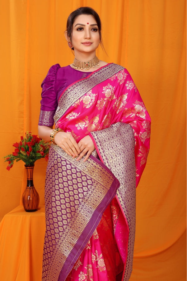 Artistic Dark Pink Kanjivaram Silk With Alluring Blouse Piece