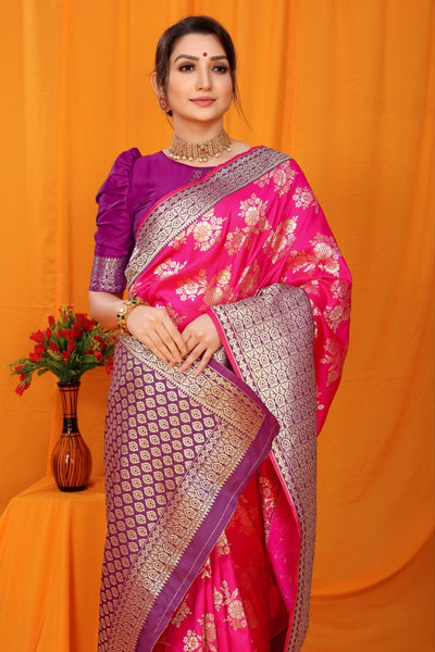 Artistic Dark Pink Kanjivaram Silk With Alluring Blouse Piece