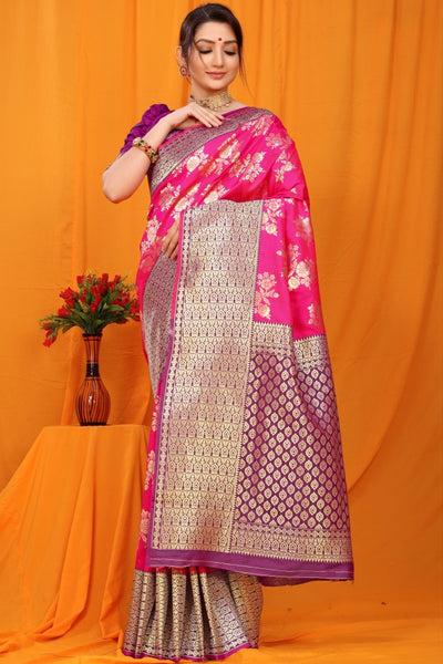 Artistic Dark Pink Kanjivaram Silk With Alluring Blouse Piece