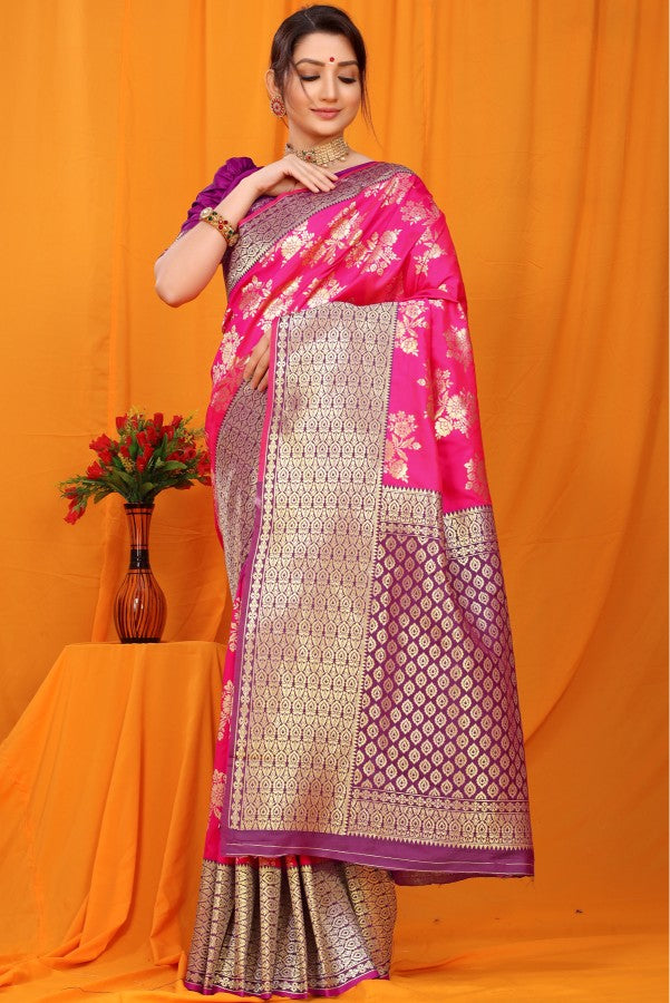 Artistic Dark Pink Kanjivaram Silk With Alluring Blouse Piece