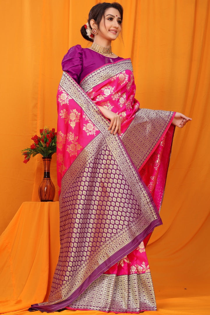 Artistic Dark Pink Kanjivaram Silk With Alluring Blouse Piece