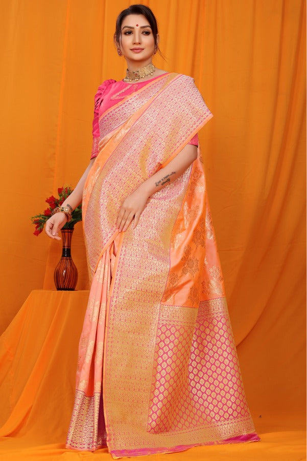 Luxuriant Peach Kanjivaram Silk With Alluring Blouse Piece