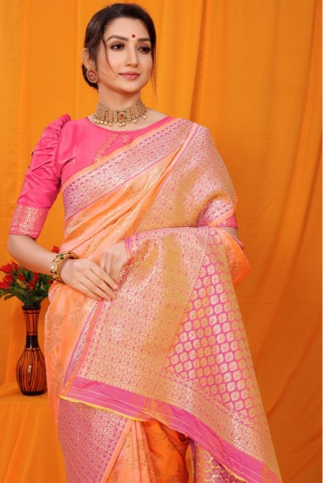 Load image into Gallery viewer, Luxuriant Peach Kanjivaram Silk With Alluring Blouse Piece
