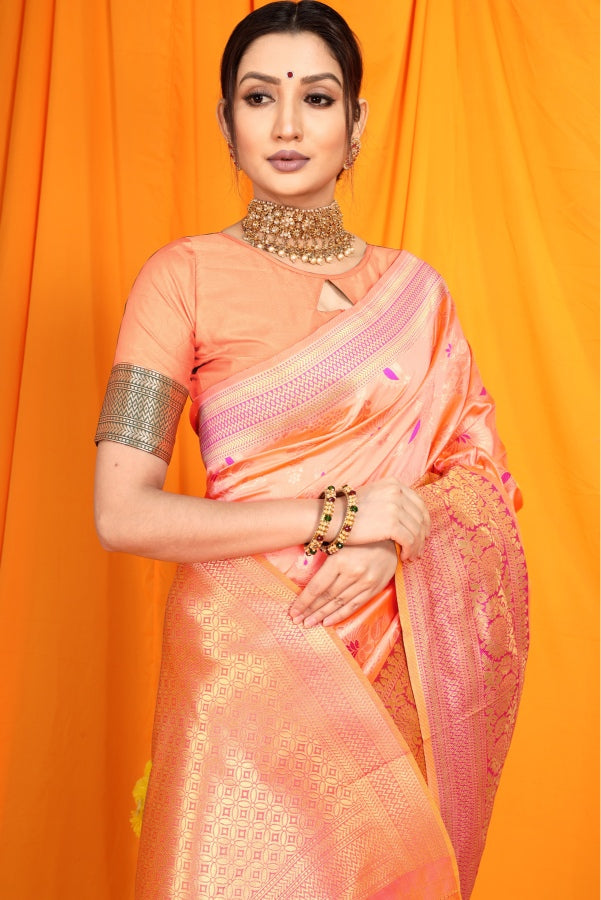 Wonderful Peach Kanjivaram Silk With Tremendous Blouse Piece