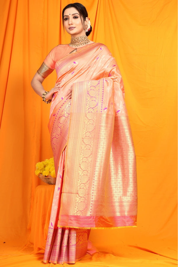 Wonderful Peach Kanjivaram Silk With Tremendous Blouse Piece