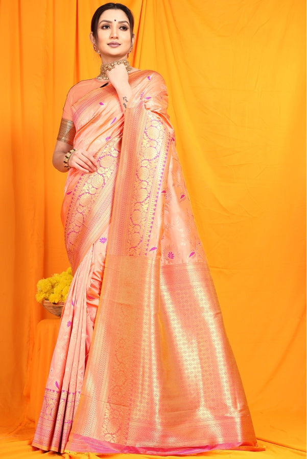 Wonderful Peach Kanjivaram Silk With Tremendous Blouse Piece