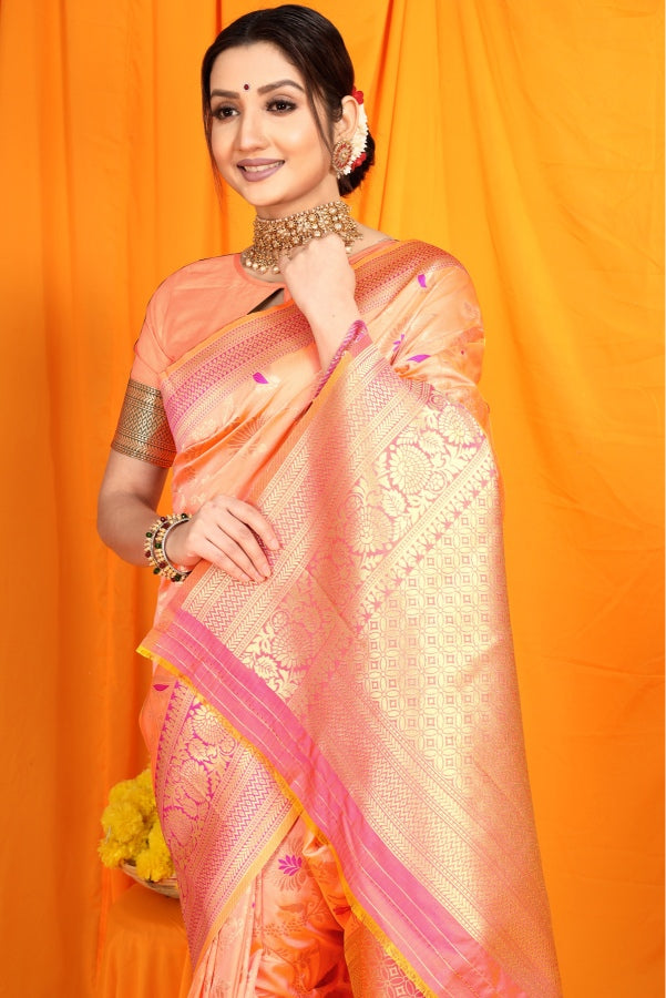 Wonderful Peach Kanjivaram Silk With Tremendous Blouse Piece