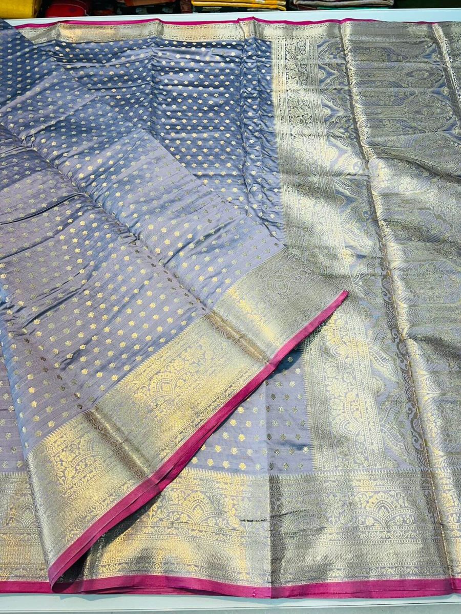 Panache Grey Soft Banarasi Silk Saree With Rhapsodic Blouse Piece