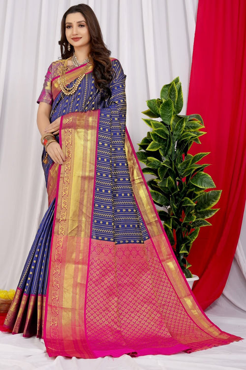 Load image into Gallery viewer, Fragrant Navy Blue Kanjivaram Silk Saree With Demure Blouse Piece
