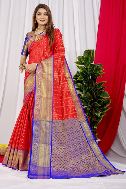 Load image into Gallery viewer, Fragrant Red Kanjivaram Silk Saree With Demure Blouse Piece
