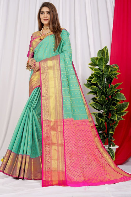 Load image into Gallery viewer, Fragrant Sea Green Kanjivaram Silk Saree With Demure Blouse Piece
