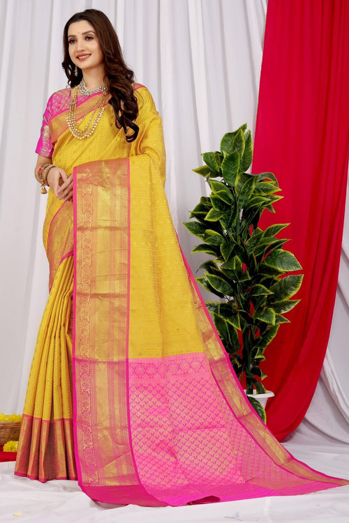 Load image into Gallery viewer, Fragrant Yellow Kanjivaram Silk Saree With Demure Blouse Piece
