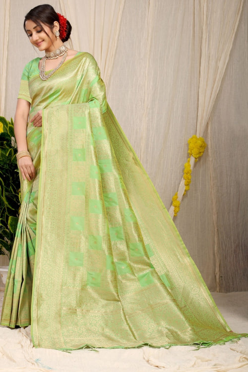 Load image into Gallery viewer, Outstanding Pista Kanjivaram Silk Saree With Glittering Blouse Piece
