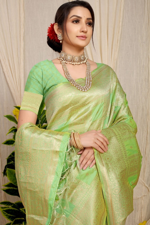 Load image into Gallery viewer, Outstanding Pista Kanjivaram Silk Saree With Glittering Blouse Piece
