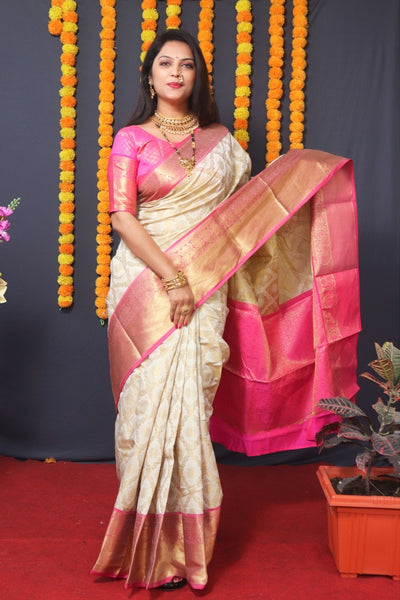 Outstanding Beige Kanjivaram Silk With Extraordinary Blouse Piece