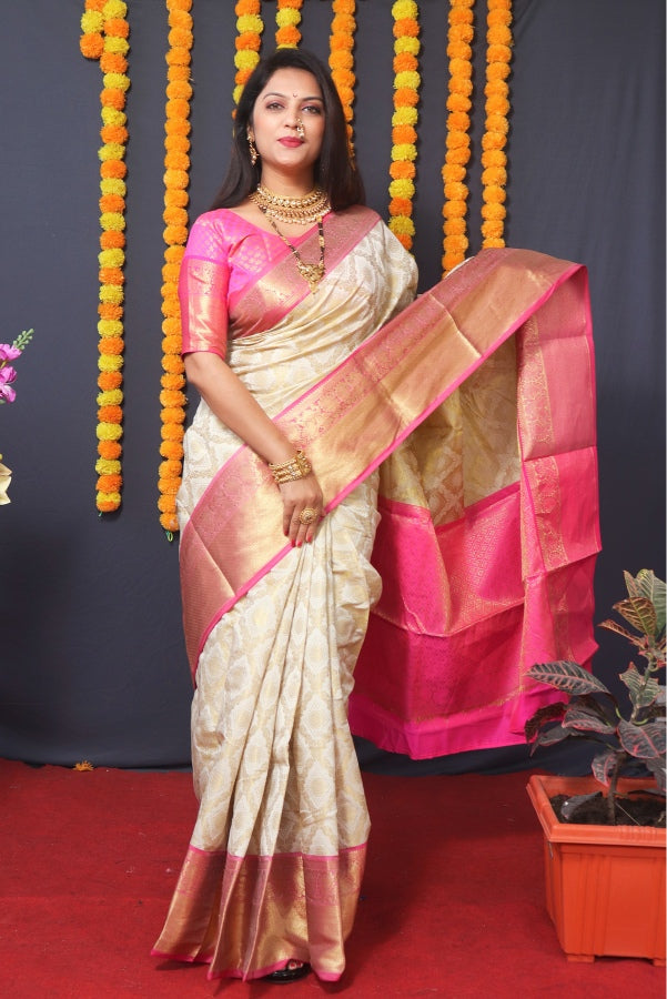 Outstanding Beige Kanjivaram Silk With Extraordinary Blouse Piece