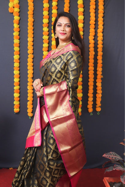 Invaluable Black Kanjivaram Silk With Extraordinary Blouse Piece