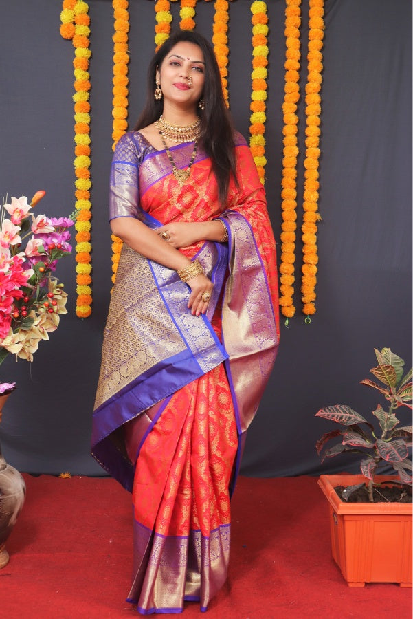 Eye-catching Red Kanjivaram Silk With Extraordinary Blouse Piece