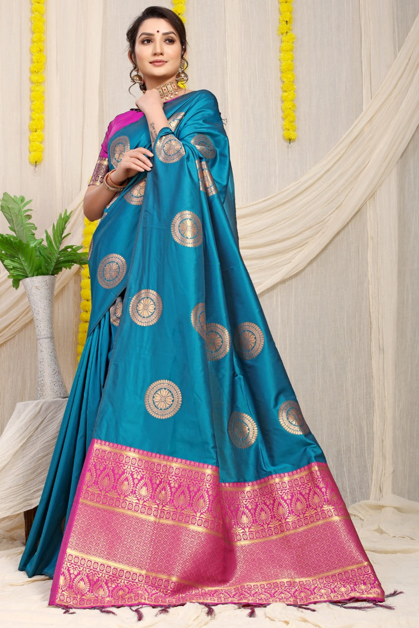 Elegant Firozi Kanjivaram Silk Saree and Angelic Blouse Piece