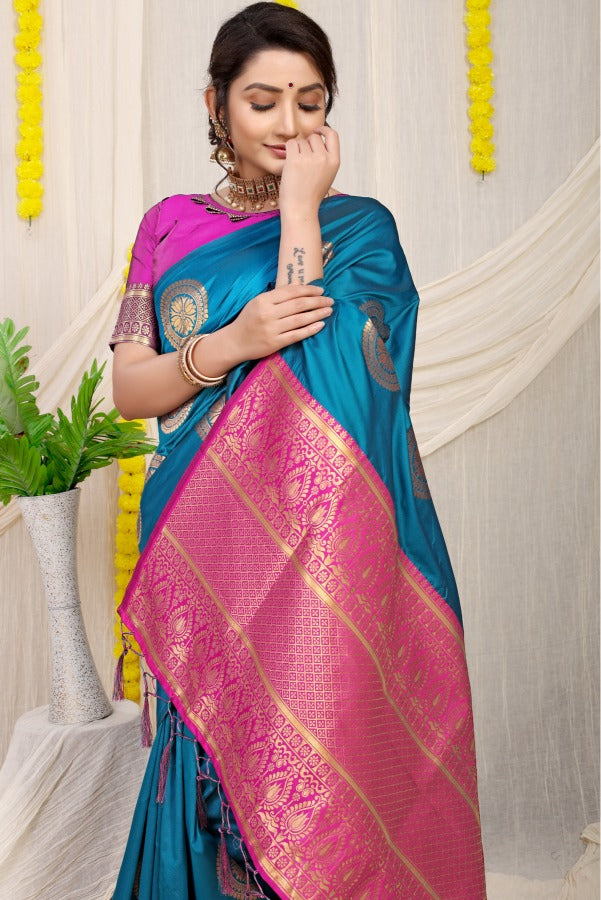 Elegant Firozi Kanjivaram Silk Saree and Angelic Blouse Piece