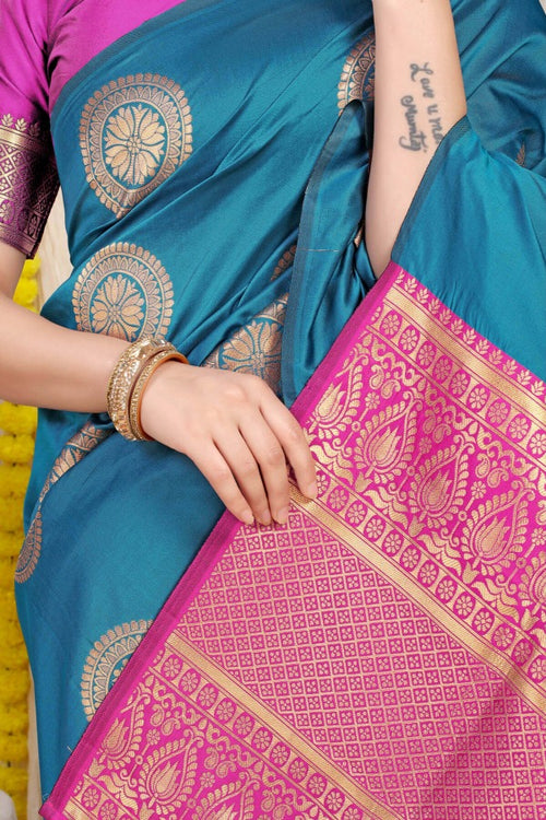 Load image into Gallery viewer, Elegant Firozi Kanjivaram Silk Saree and Angelic Blouse Piece
