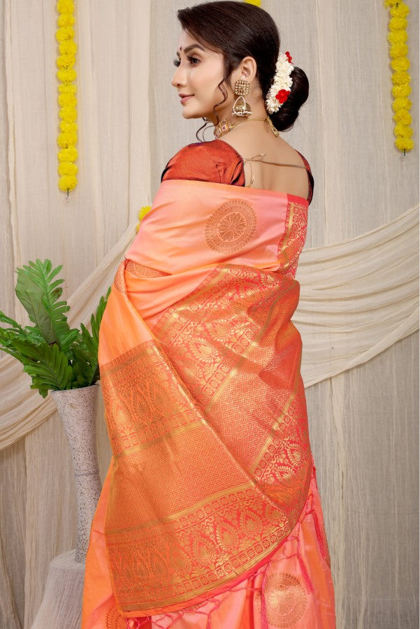 Skinny Peach Kanjivaram Silk Saree and Angelic Blouse Piece