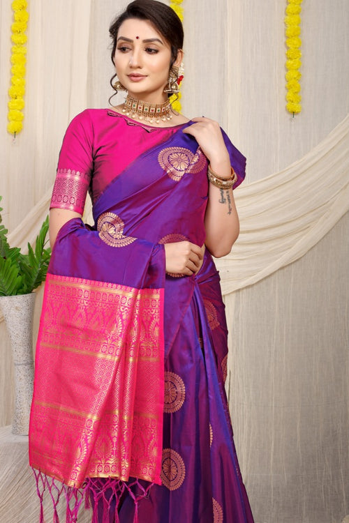 Load image into Gallery viewer, Unique Purple Kanjivaram Silk Saree and Angelic Blouse Piece
