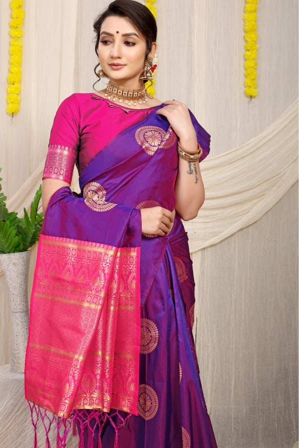 Unique Purple Kanjivaram Silk Saree and Angelic Blouse Piece