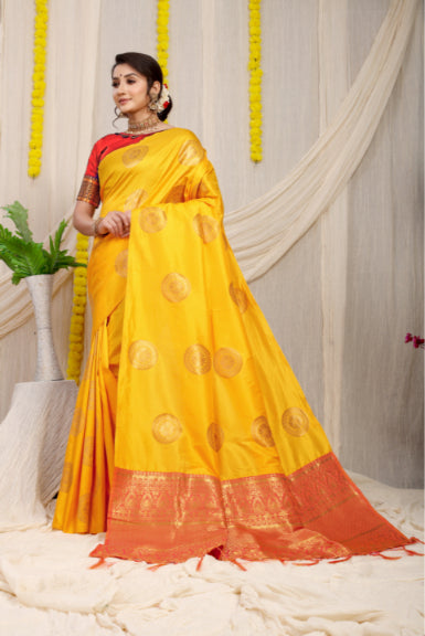 Load image into Gallery viewer, Ethnic Yellow Kanjivaram Silk Saree and Angelic Blouse Piece
