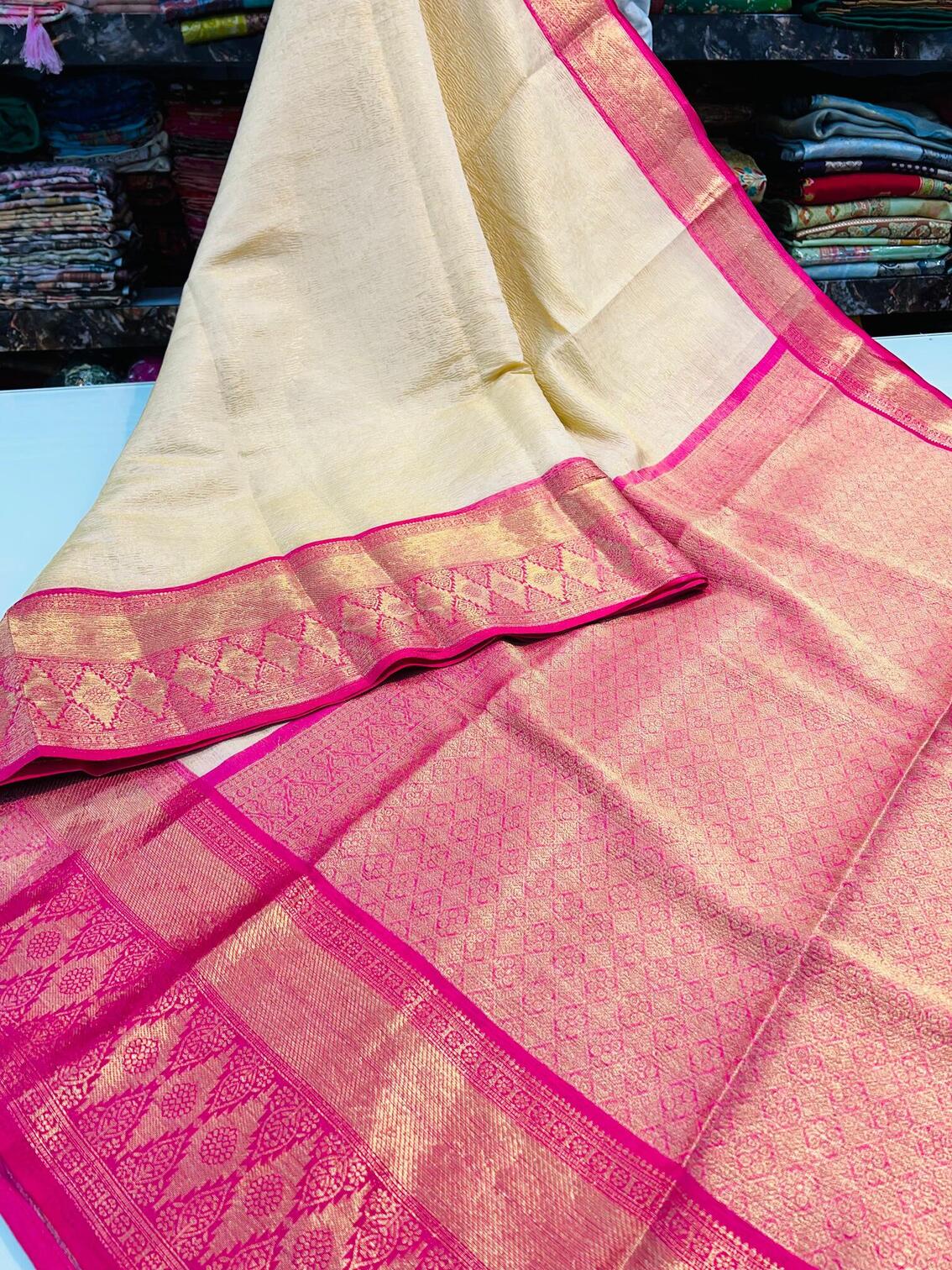 Jazzy Beige Soft Tissue Silk Saree With Blissful Blouse Piece