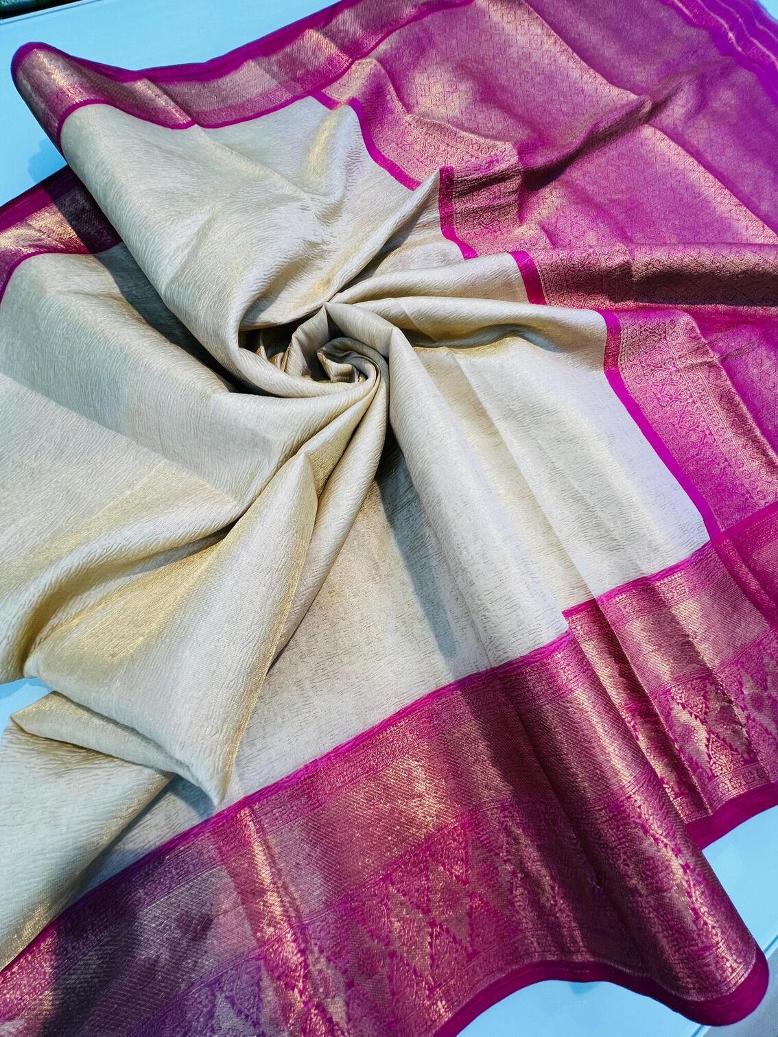 Jazzy Beige Soft Tissue Silk Saree With Blissful Blouse Piece