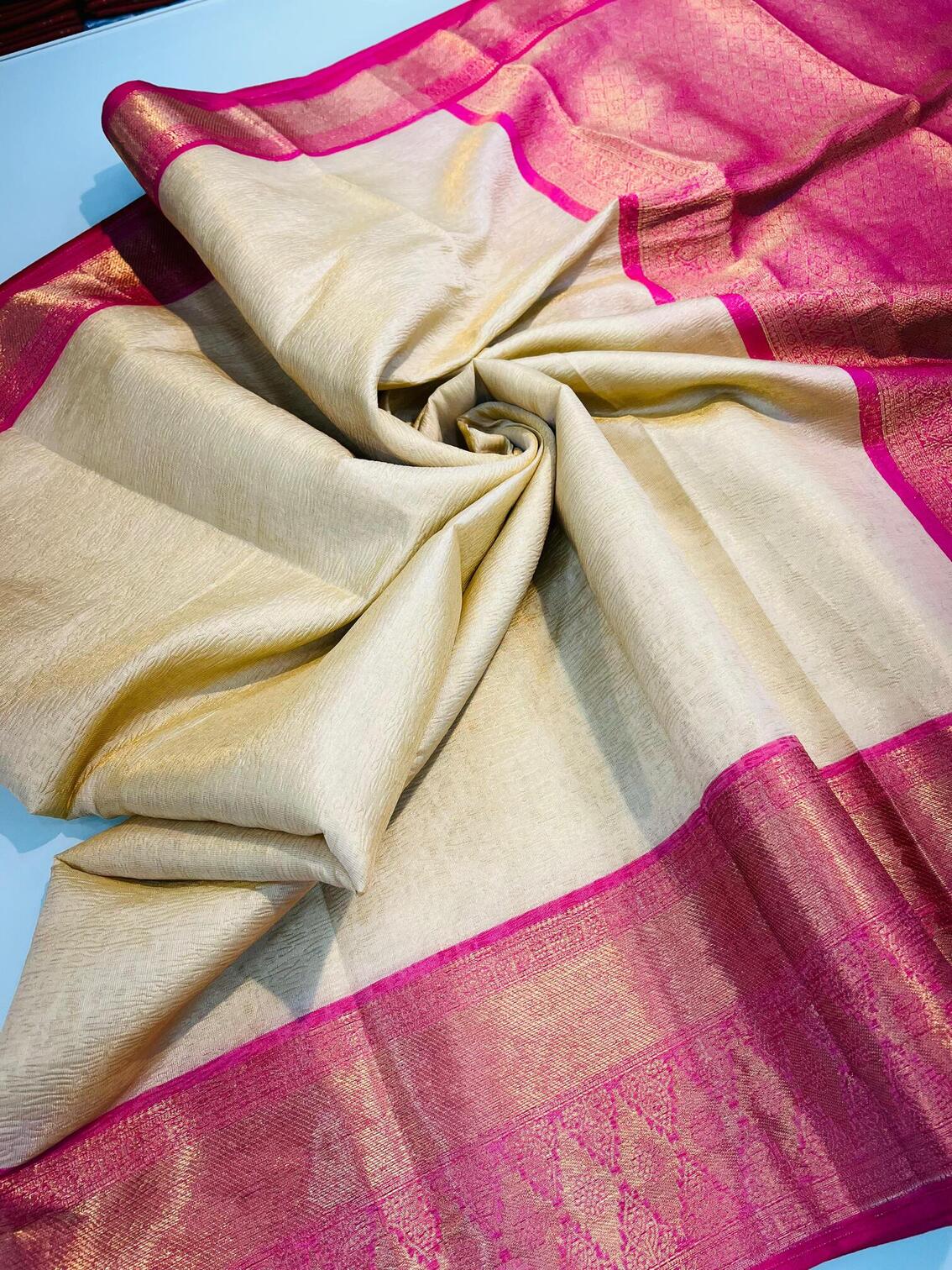 Jazzy Beige Soft Tissue Silk Saree With Blissful Blouse Piece