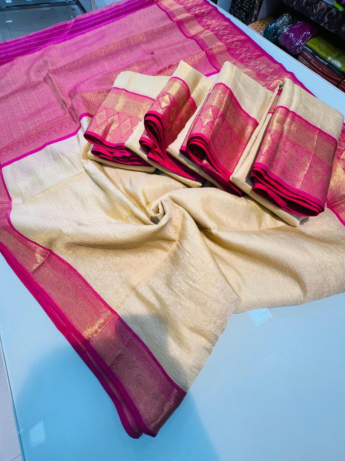 Jazzy Beige Soft Tissue Silk Saree With Blissful Blouse Piece