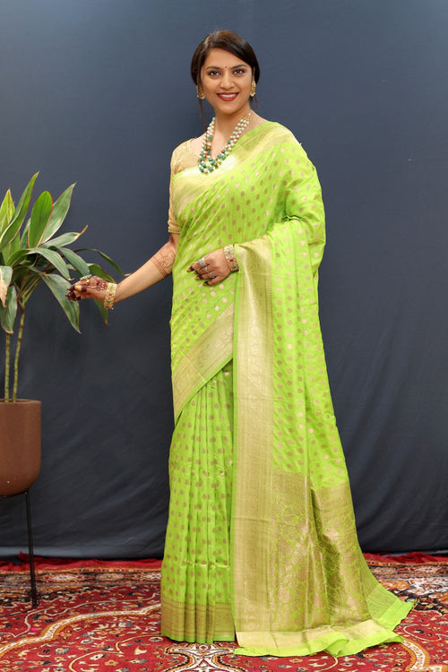 Load image into Gallery viewer, Smashing Parrot Soft Banarasi Silk Saree With Amiable Blouse Piece
