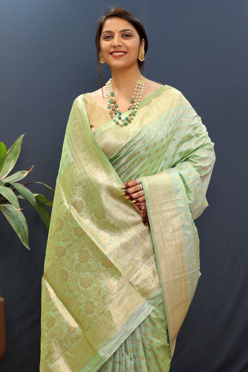 Load image into Gallery viewer, Snazzy Pista Soft Banarasi Silk Saree With Confounding Blouse Piece
