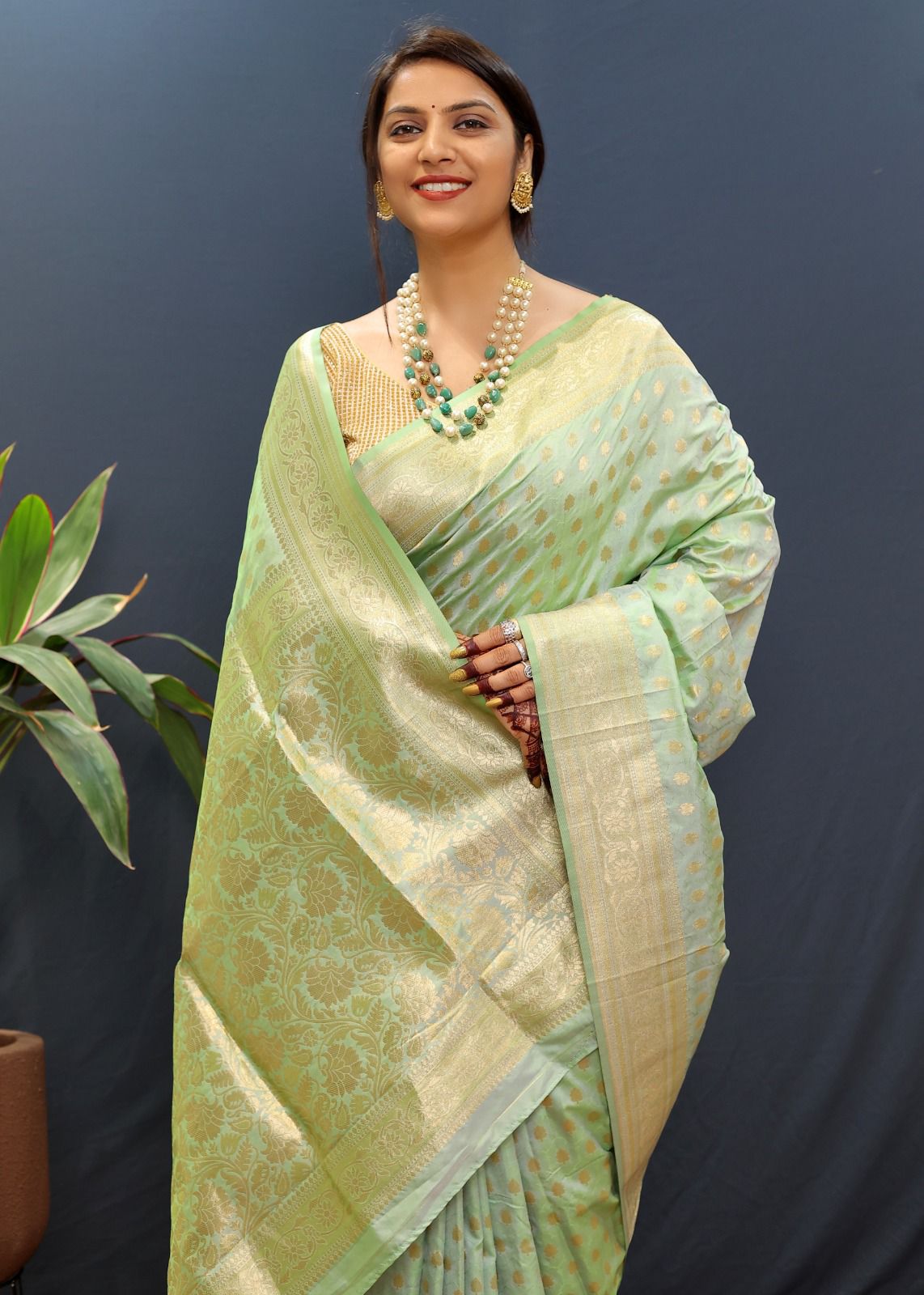 Snazzy Pista Soft Banarasi Silk Saree With Confounding Blouse Piece