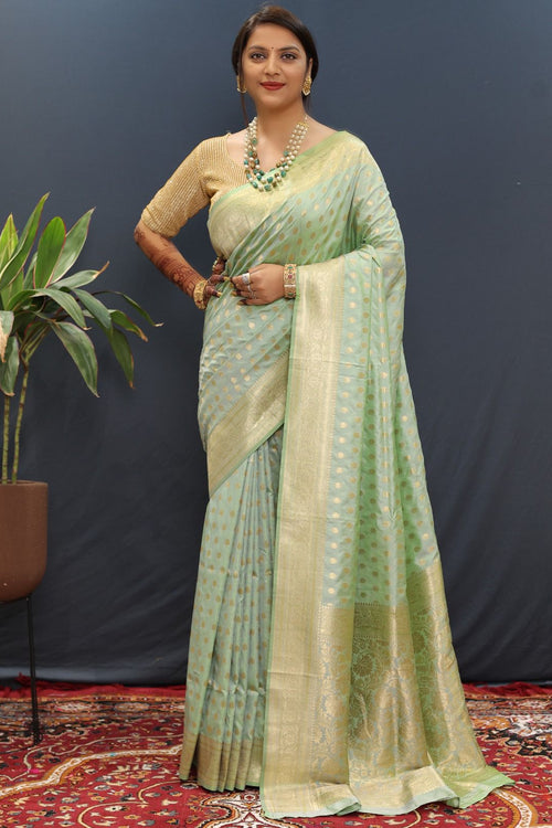 Load image into Gallery viewer, Snazzy Pista Soft Banarasi Silk Saree With Confounding Blouse Piece
