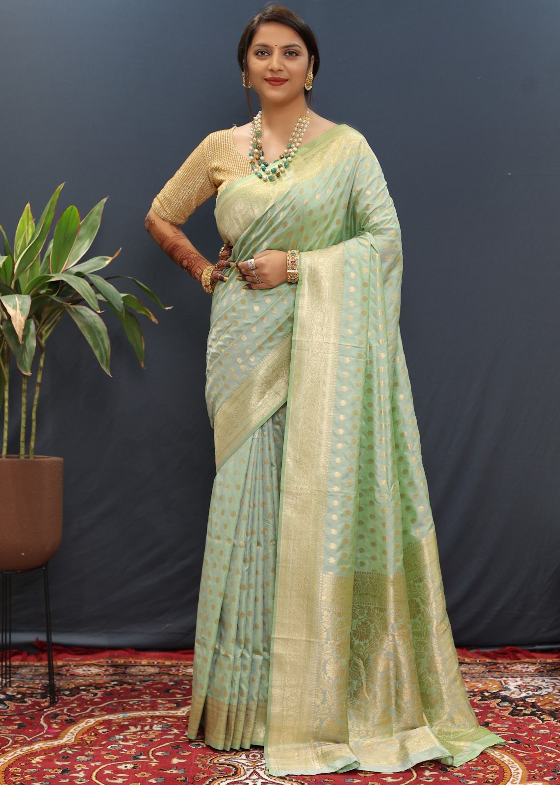 Snazzy Pista Soft Banarasi Silk Saree With Confounding Blouse Piece