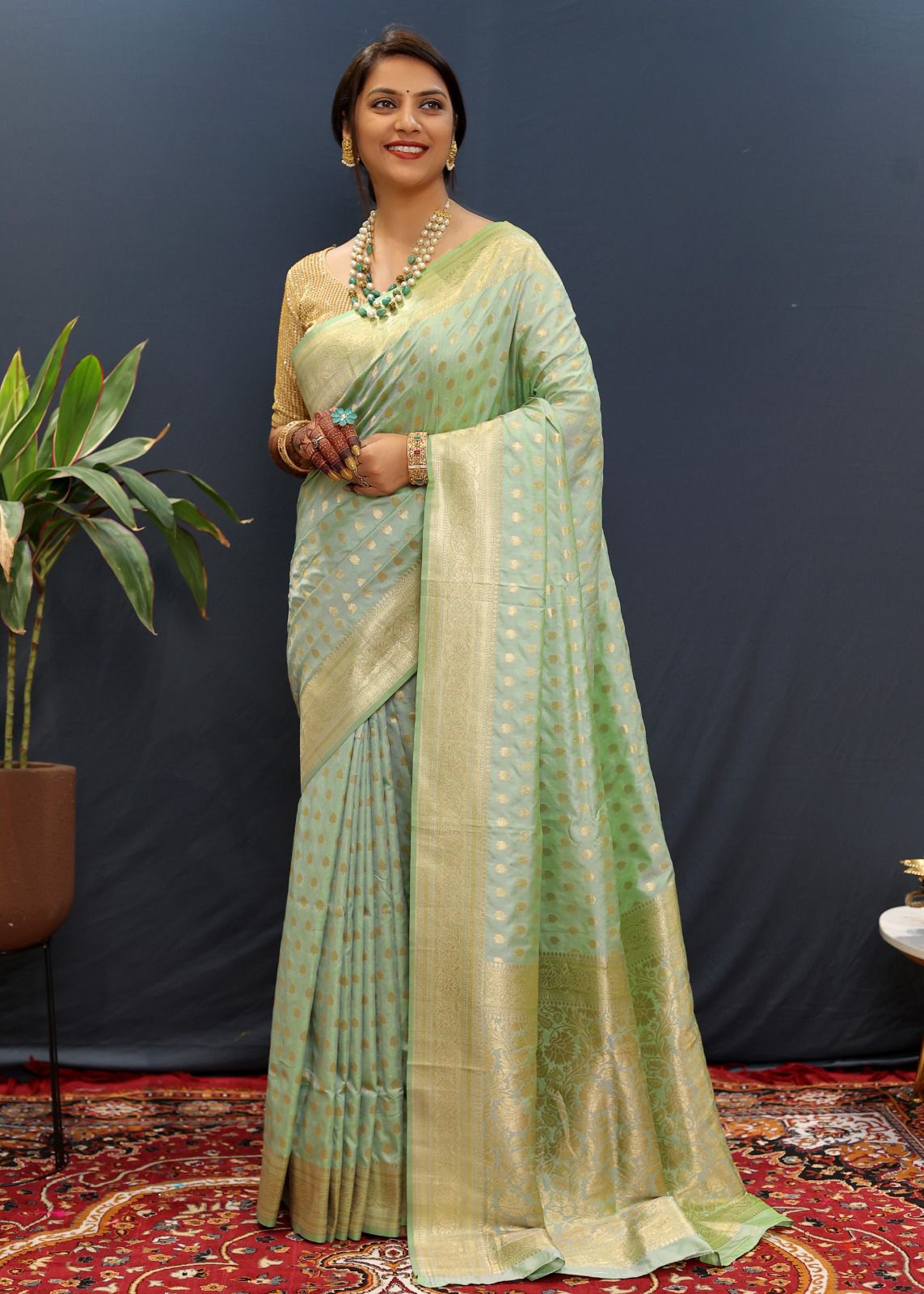 Snazzy Pista Soft Banarasi Silk Saree With Confounding Blouse Piece