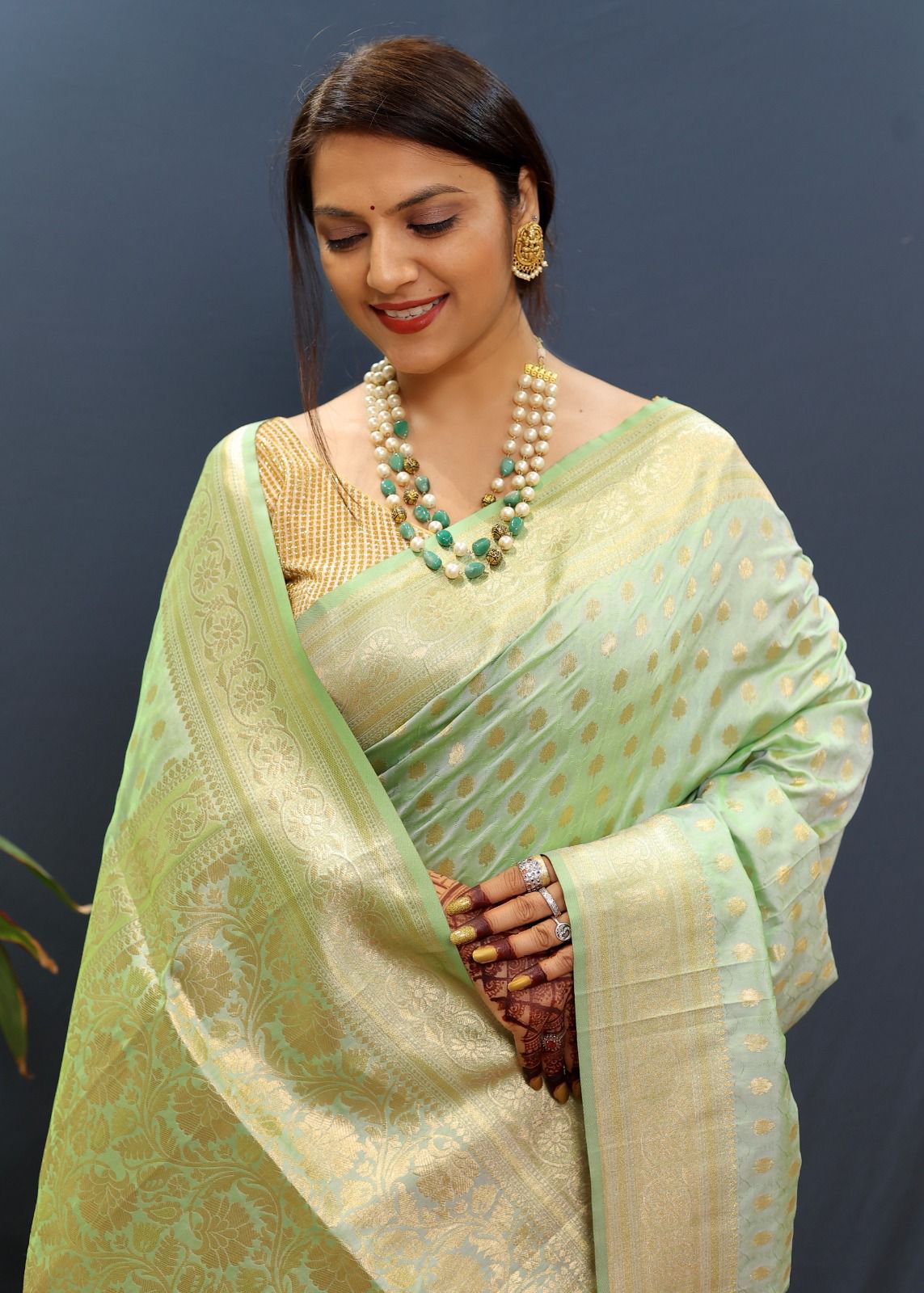 Snazzy Pista Soft Banarasi Silk Saree With Confounding Blouse Piece