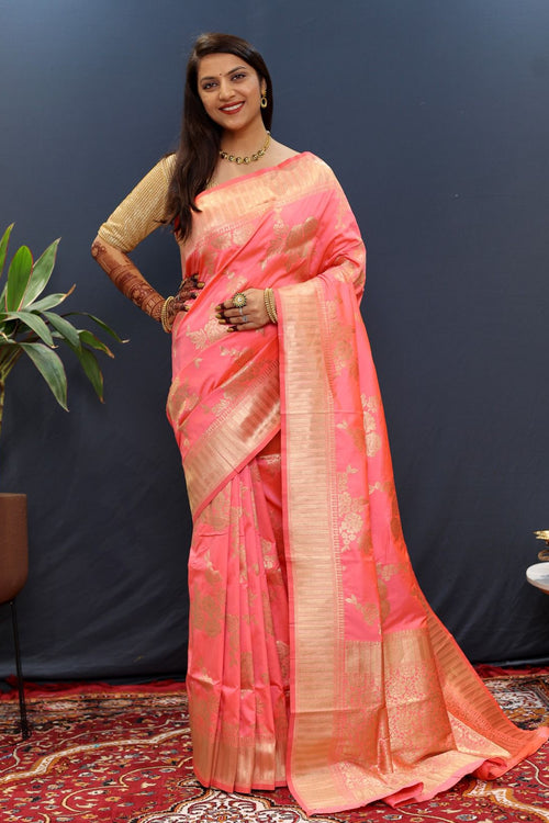 Load image into Gallery viewer, Pleasurable Baby Pink Soft Banarasi Silk Saree With Tantalizing Blouse Piece
