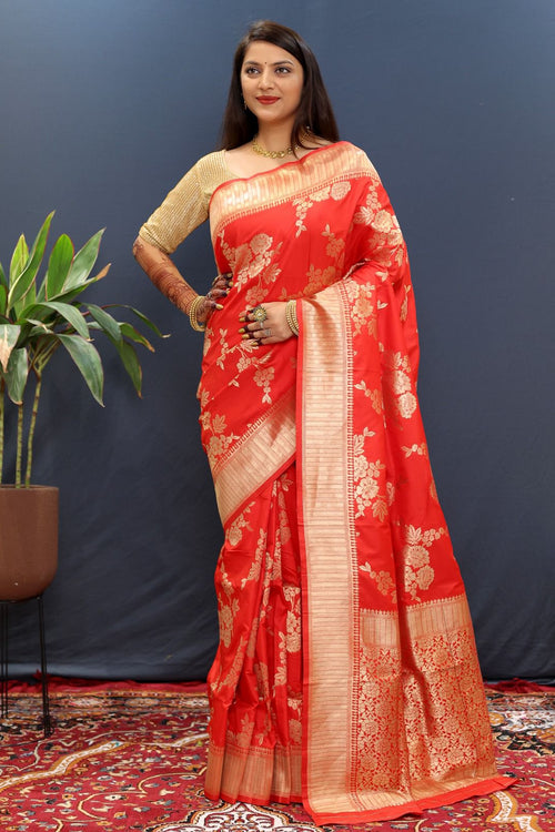 Load image into Gallery viewer, Assemblage Red Soft Banarasi Silk Saree With Exquisite Blouse Piece
