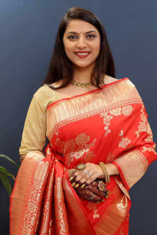 Load image into Gallery viewer, Assemblage Red Soft Banarasi Silk Saree With Exquisite Blouse Piece
